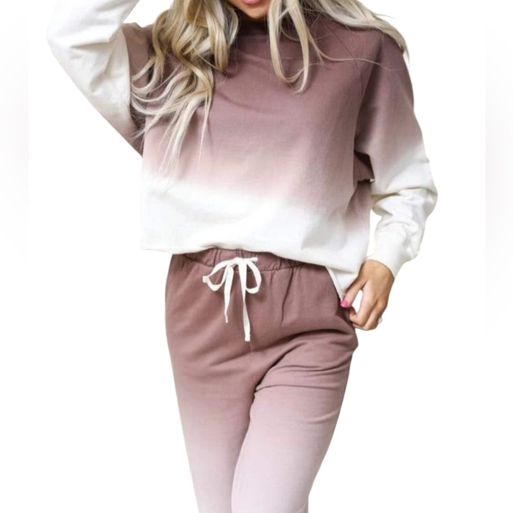 ZENANA Cotton Ombré French Terry 2 Piece Pant Set Brown Various Sizes